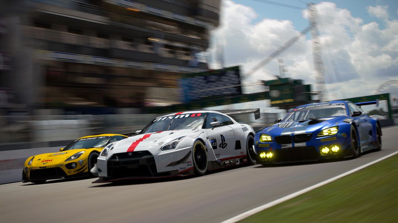 Gran Turismo 7 in-game image of yellow, white, and blue cars racing side-by-side on a track.