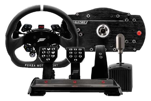 Fanatec Forza Motorsport Racing Wheel product image of a black wheel next to a wheel base and a set of pedals and a shifter.