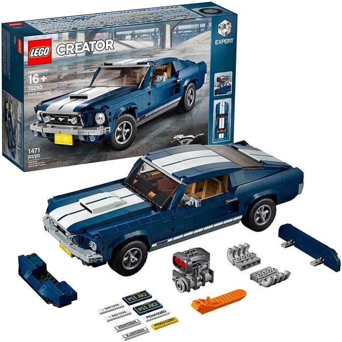 Best model car kits for adults LEGO product image of a blue Ford Mustang with white racing stripes.