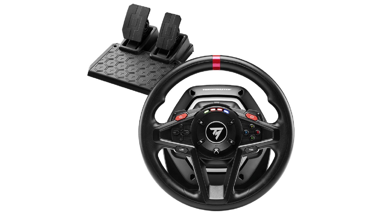 Thrustmaster T128 X product image of a black wheel and pedals with a red centre mark.