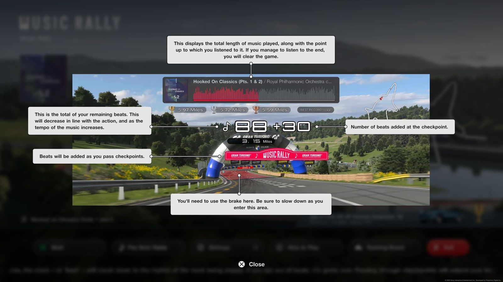 A screenshot of GT7 explaining Music Rally to the player