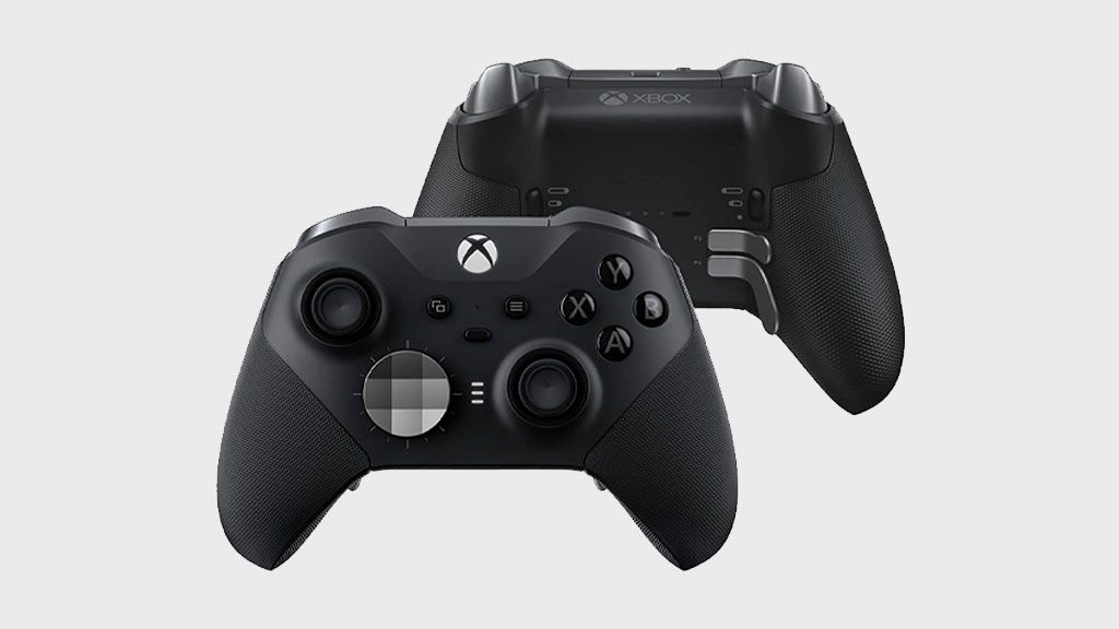 Xbox Elite Series 2 product image of a black Xbox controller featuring a white and light grey track pad on the left.