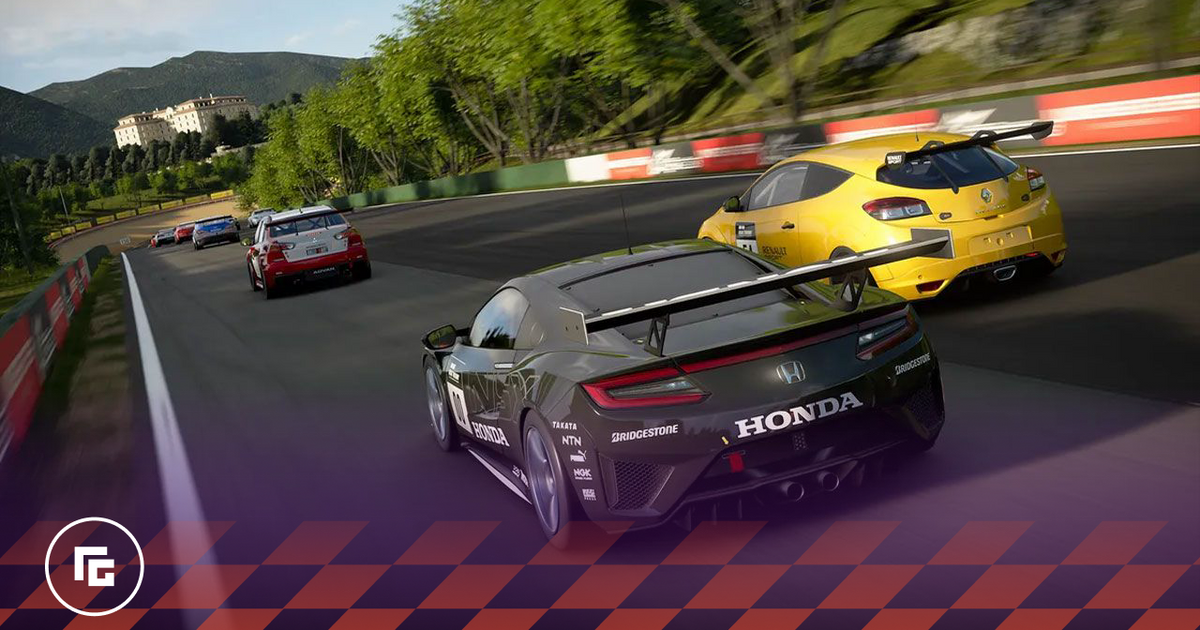 Gran Turismo 7 in-game image of a black Honda racing alongside a yellow Renault behind a group of cars on a track.
