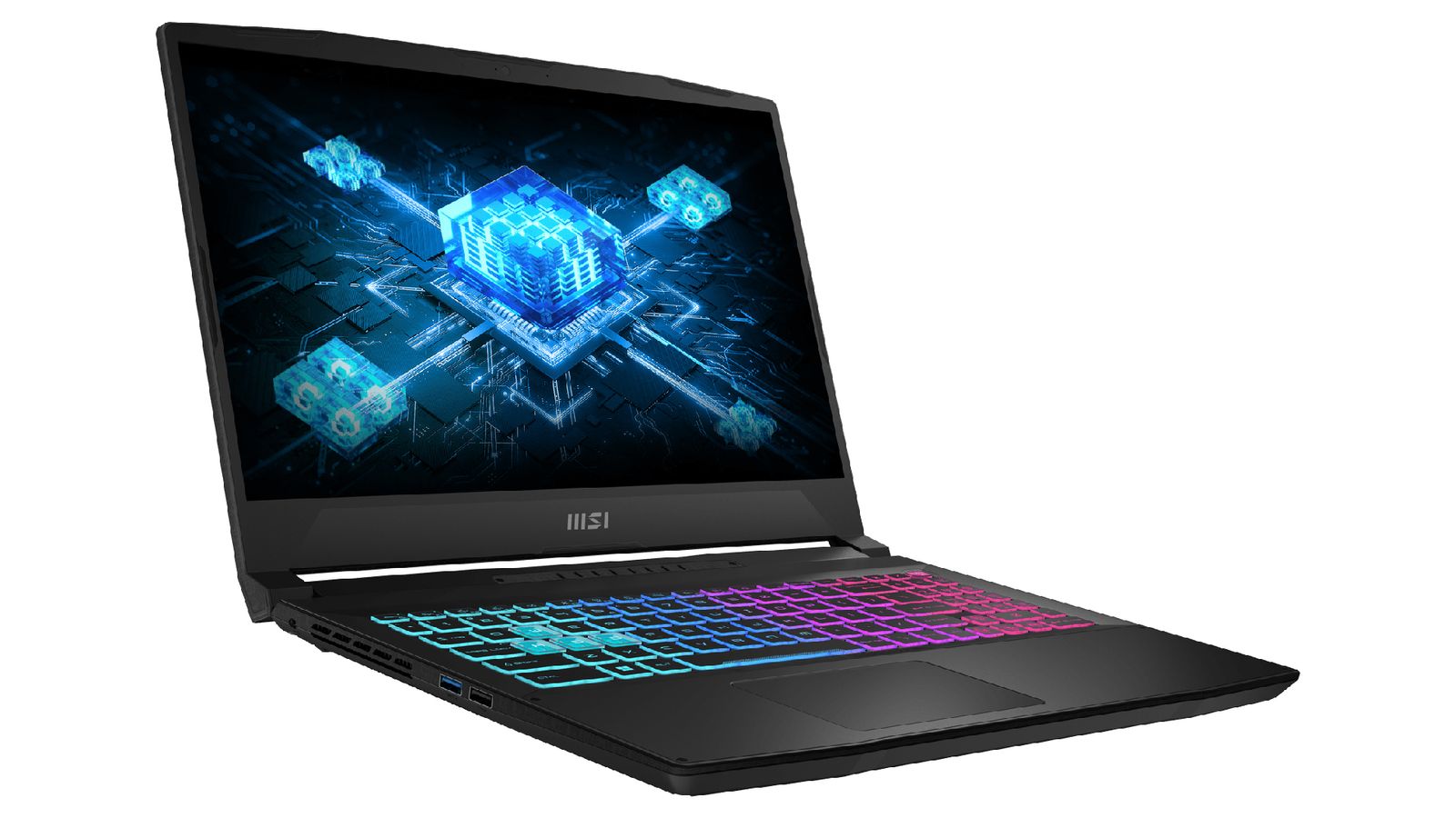 Best Forza gaming laptop - MSI Katana 15 product image of a black laptop featuring blue and purple backlit keys.