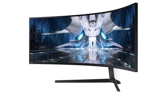 Best monitor for F1 23 - Samsung Odyssey Neo G9 product image of a black ultrawide, curved monitor with a Sci-Fi walkway on the display.