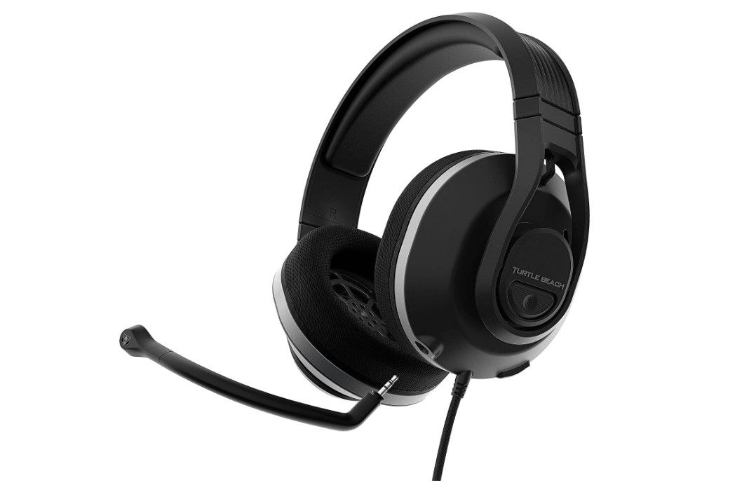 Turtle Beach Recon 500 product image of an over-ear, black, wired headset with a mic that extends around the front.
