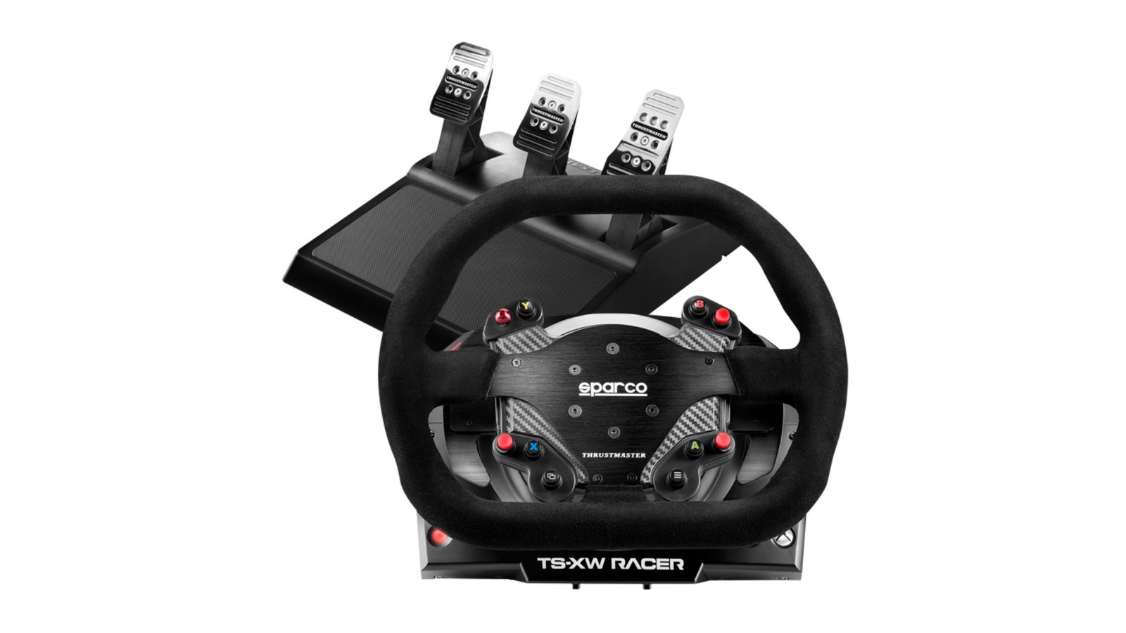 Thrustmaster TS-XW Racer product image of a red and black wheel and pedals.
