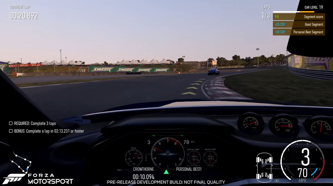 On board with a car as it completes some car mastery levels in Forza Motorsport