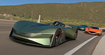 A futuristic green car racing ahead of an orange vehicle in Gran Turismo 7.
