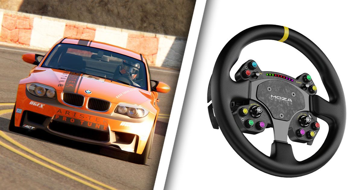 An orange BMW with a black stripe down it from Assetto Corsa on one side of a white line. On the other, a black MOZA racing wheel featuring multicolored buttons.