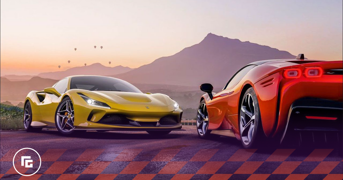 Forza Horizon 5 in-game image of yellow and red sports cars sat in front of a mountain in the sunset.