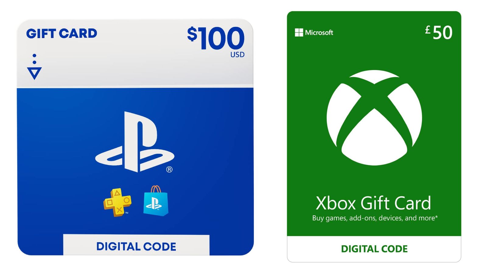 A blue and white PlayStation gift card on the left, and a white and green Xbox gift card on the right.