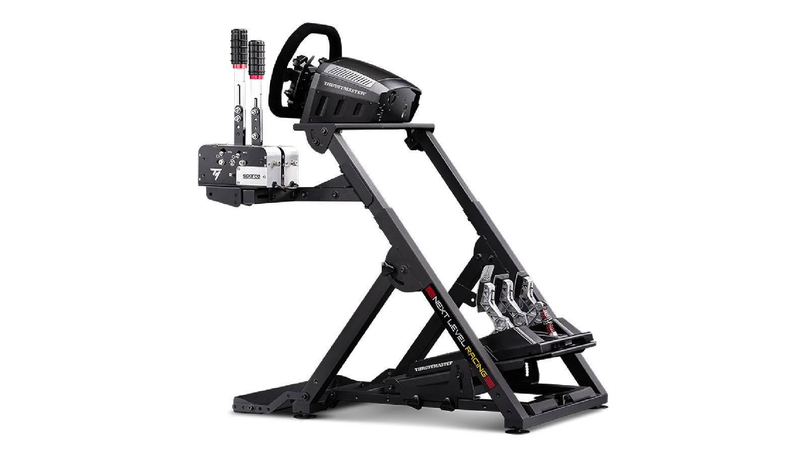 Next Level Racing Wheel Stand 2.0 product image of a black stand with a wheel, pedals, and a shifter attached.