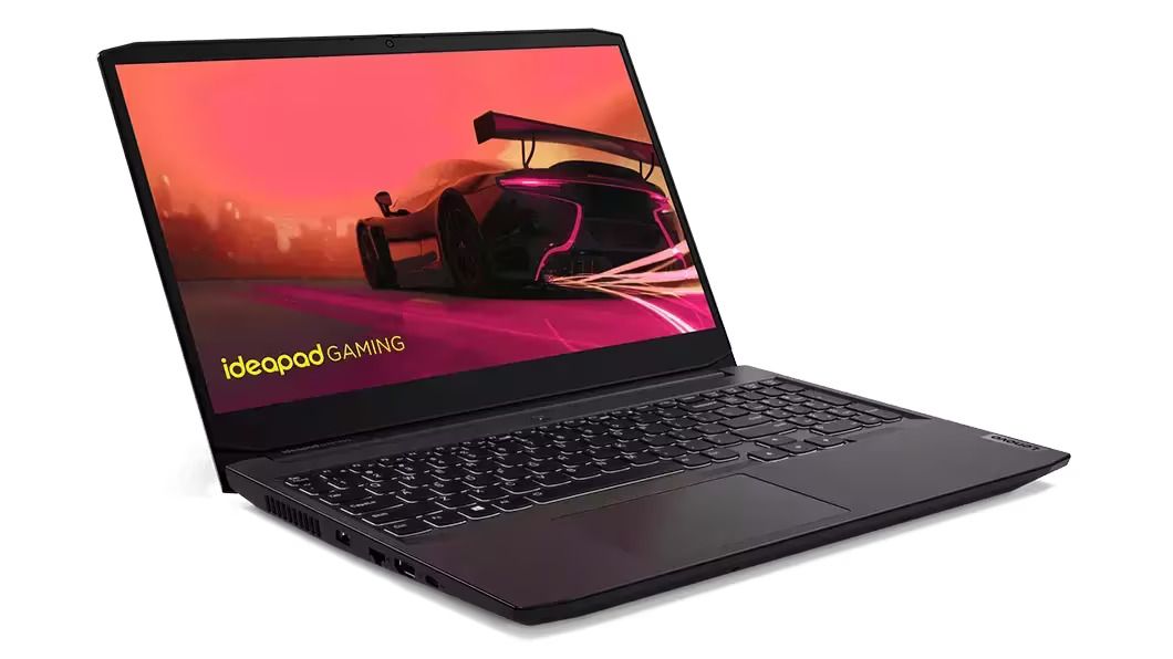 Best Forza gaming laptop - Lenovo IdeaPad Gaming 3 product image of a black laptop featuring a car with a red filter over it on the display.