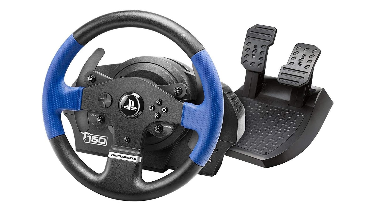 Thrustmaster T150 product image of a black and blue racing wheel next to a set of pedals.