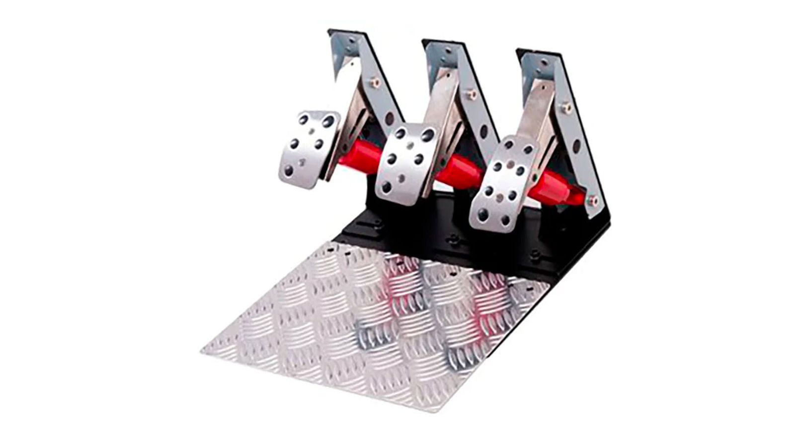 Extreme Simracing Inverted Pedal Kit product image of a set of three silver metal pedals with red and black details.