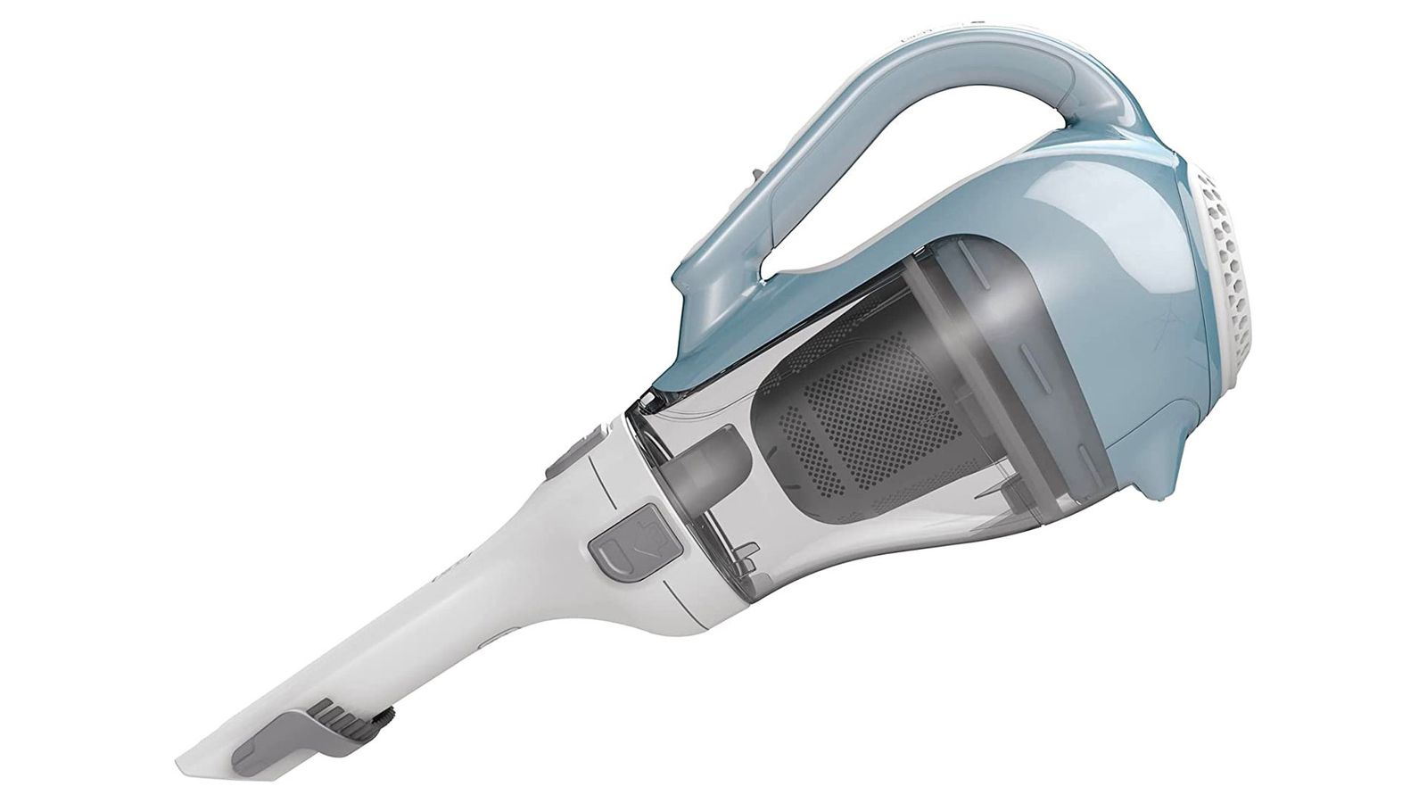 BLACK+DECKER Dustbuster AdvancedClean CHV1410L product image of a light blue, grey, and white handheld device.