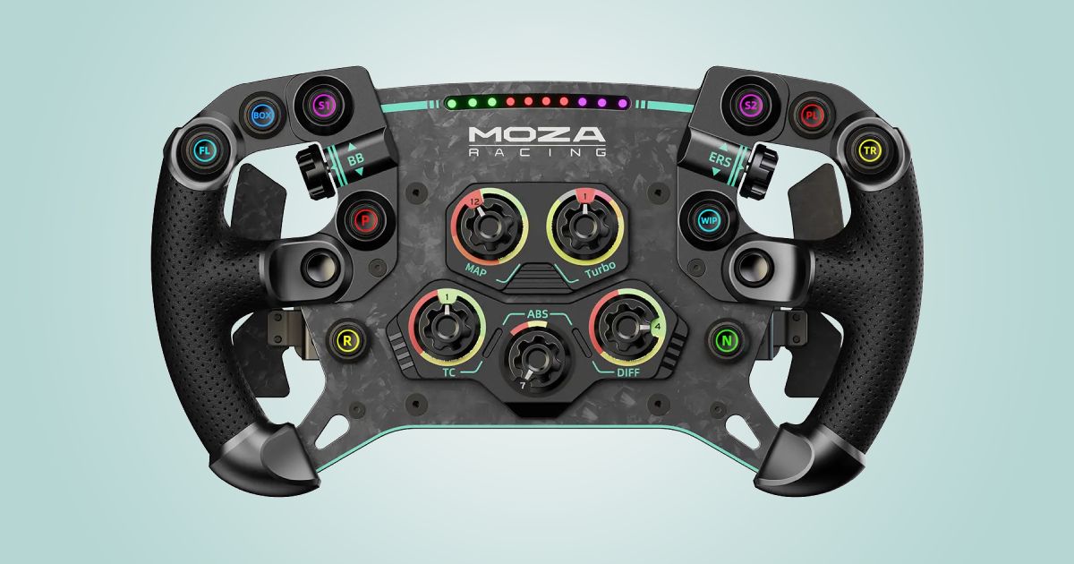 A black Formula-style racing wheel with multiple coloured buttons on the console along with coloured LED lights along the top.