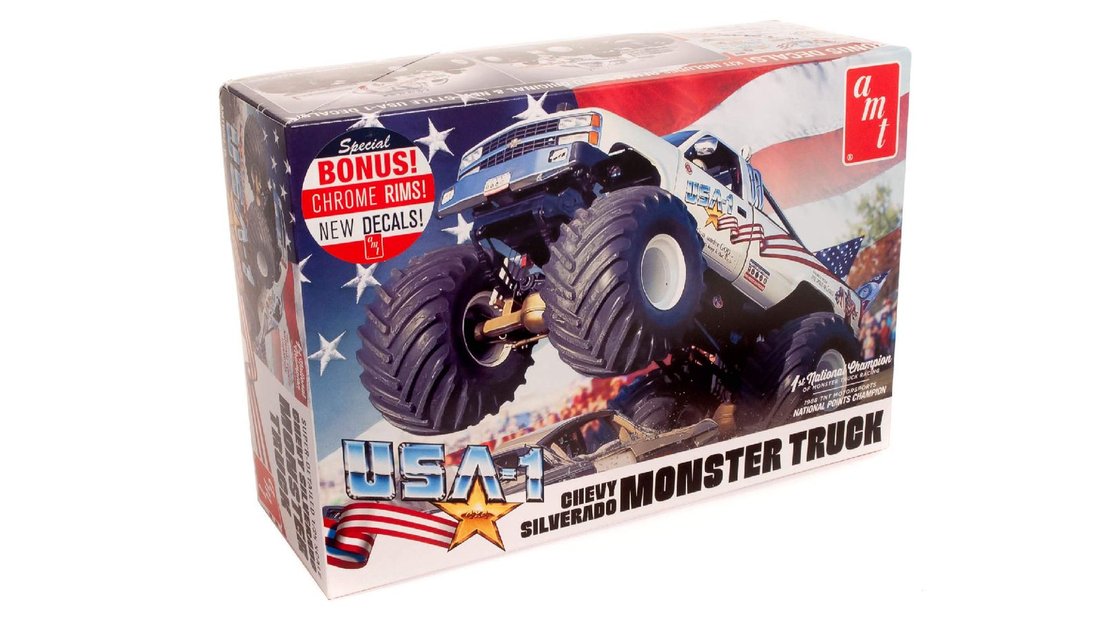 USA-1 Chevy Silverado Monster Truck product image of a white monster truck featuring American flags as decals.