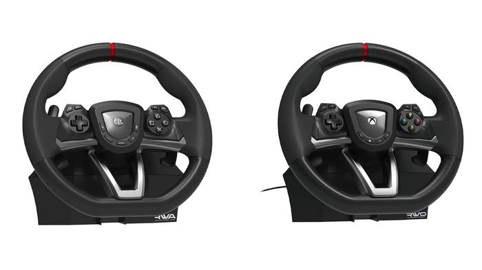 Best wheel for F1 23 - Hori Racing Wheel Apex / Overdrive product image of a black wheel with a red centre line.