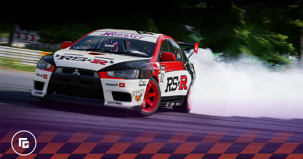 GRID Legends in-game image of a white, red, and black Mitsubishi drifting around a corner.