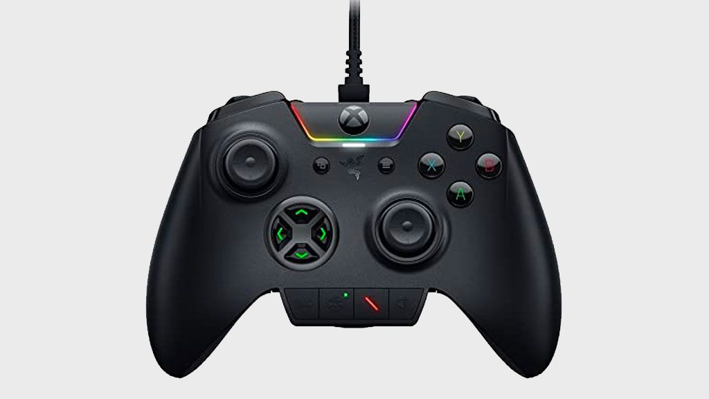 Razer Wolverine Ultimate product image of a black gamepad with multi-coloured backlit buttons.