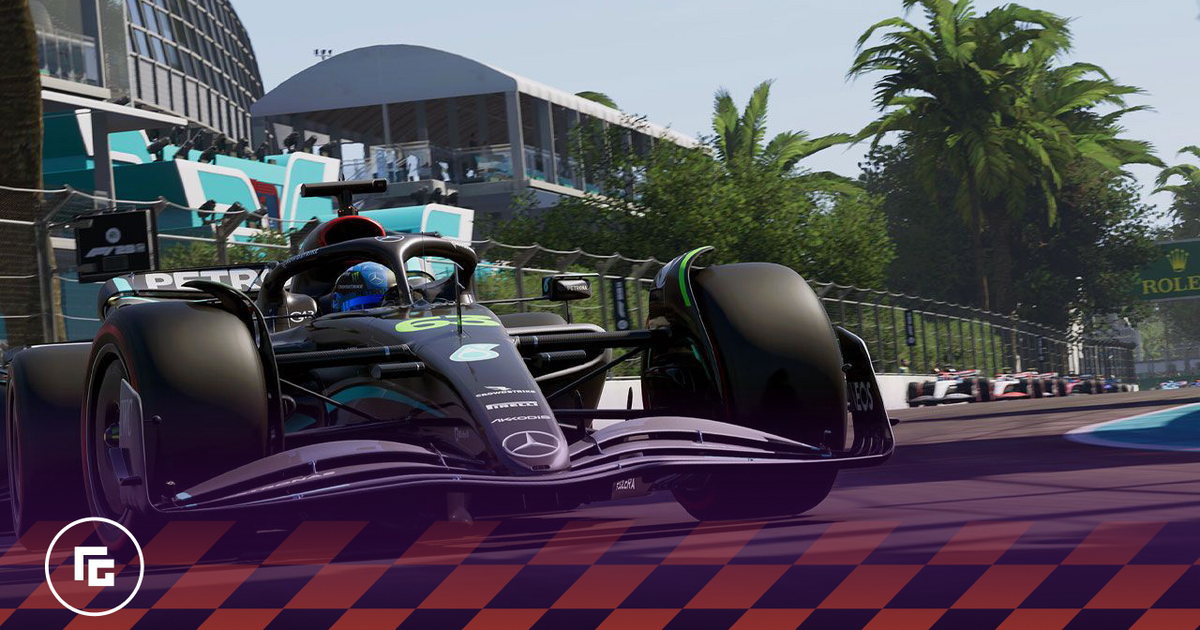F1 23 in-game image of a black Mercedes car with light blue and green details on the track.