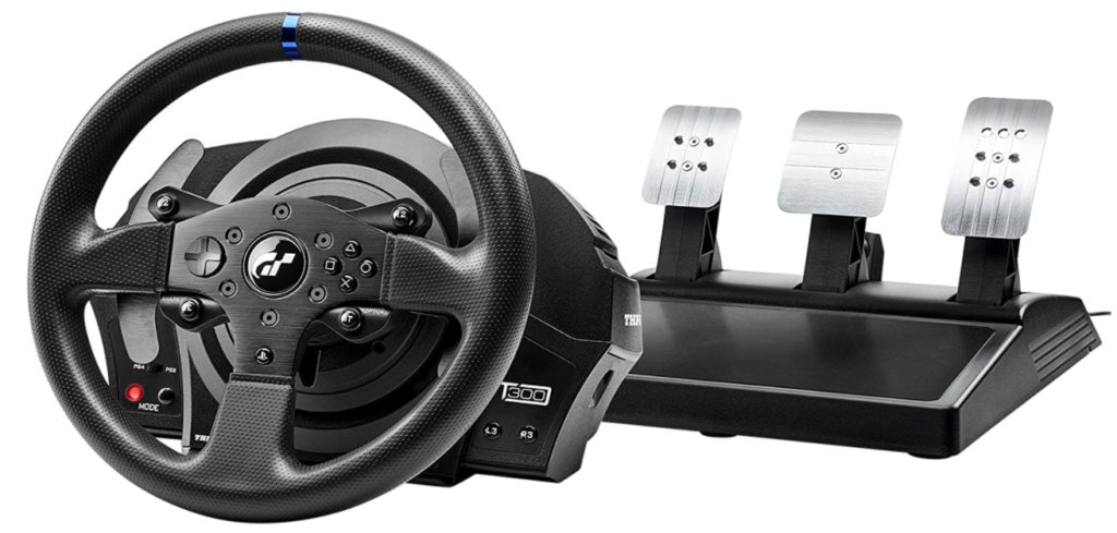 Thrustmaster T300 RS GT product image of a black wheel featuring a blue centre line at the top next to a set of pedals.