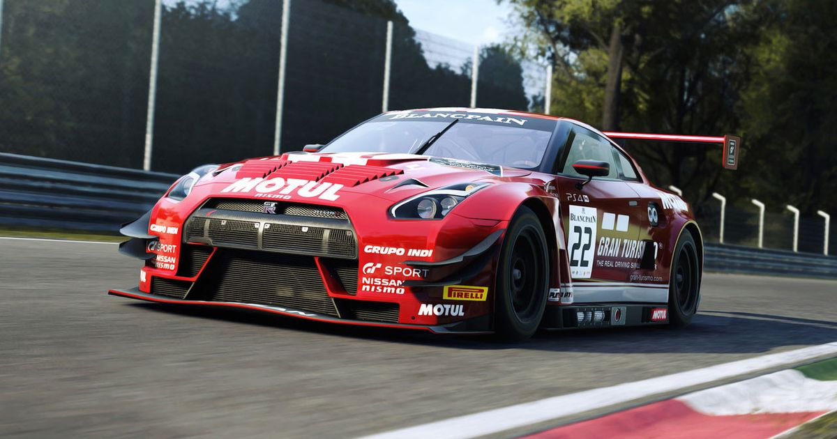 Assetto Corsa Competizione in-game image of a red GTR featuring racing sponsors all over on a track.