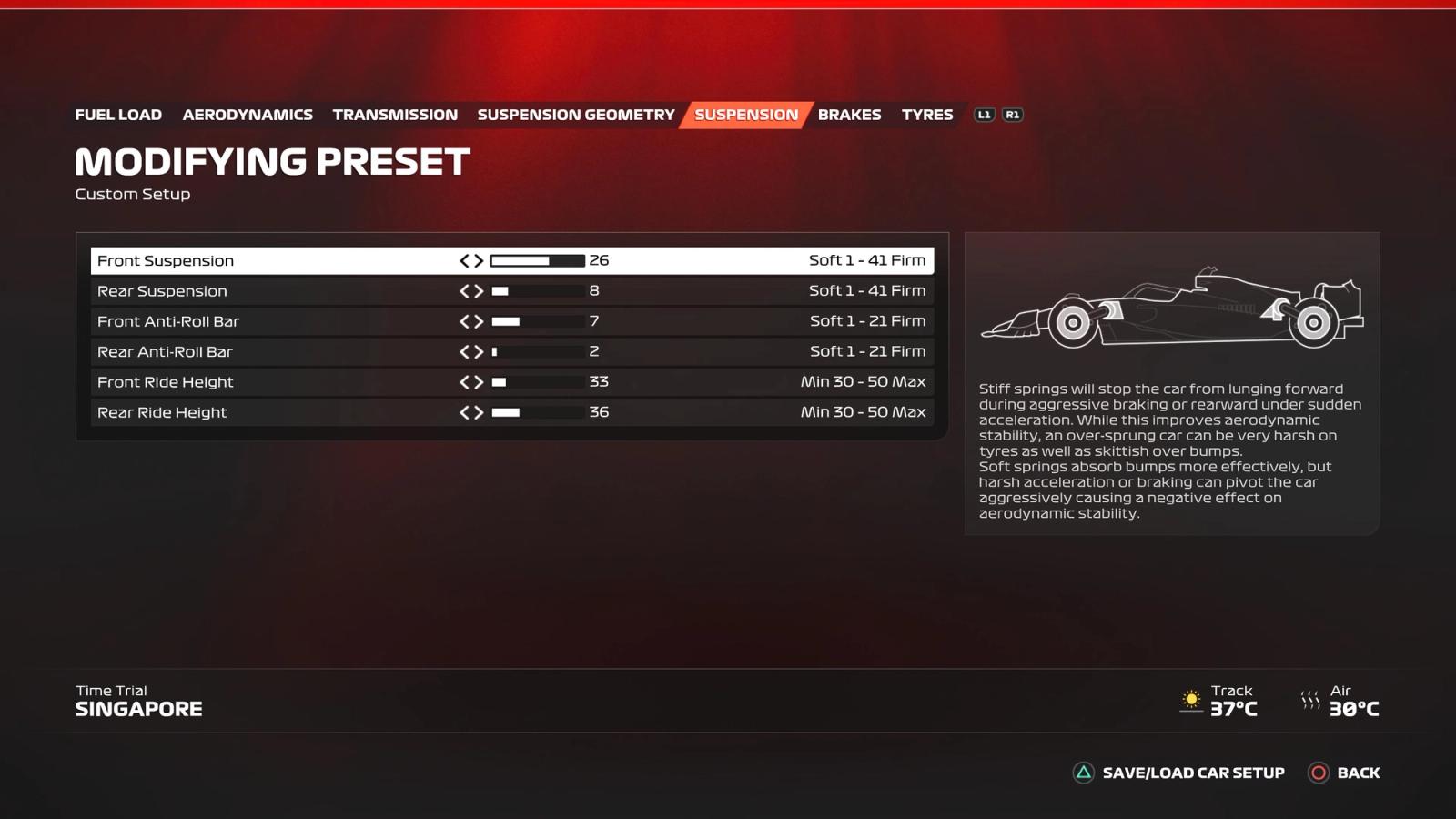 F1 23 Singapore setup suspension screen showing the ideal settings