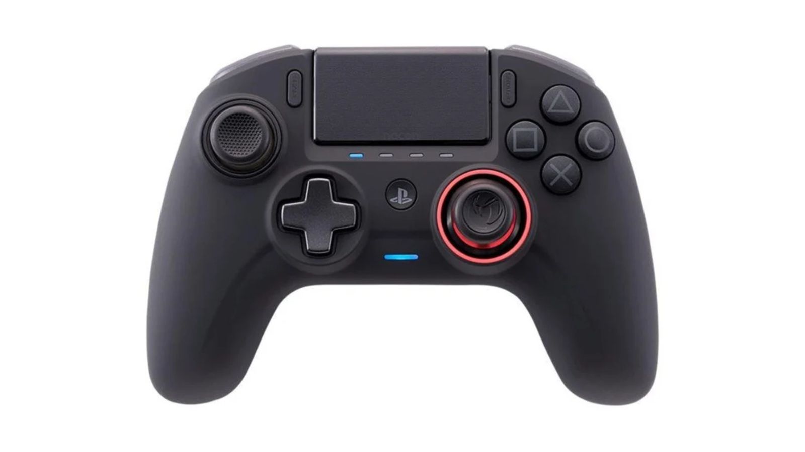 Nacon Revolution Unlimited Pro product image of a black gamepad with a red light ring around the right thumb stick.