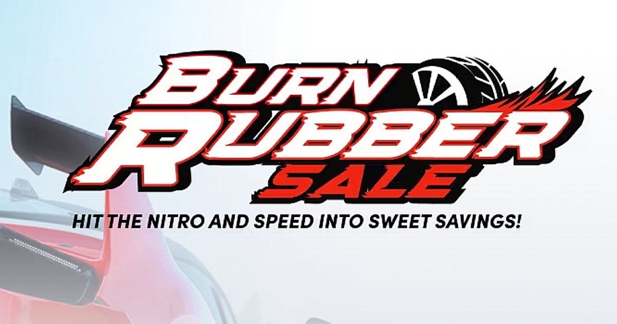"Burn Rubber Sale" logo in white with red and black trim and a graphic of a wheel.
