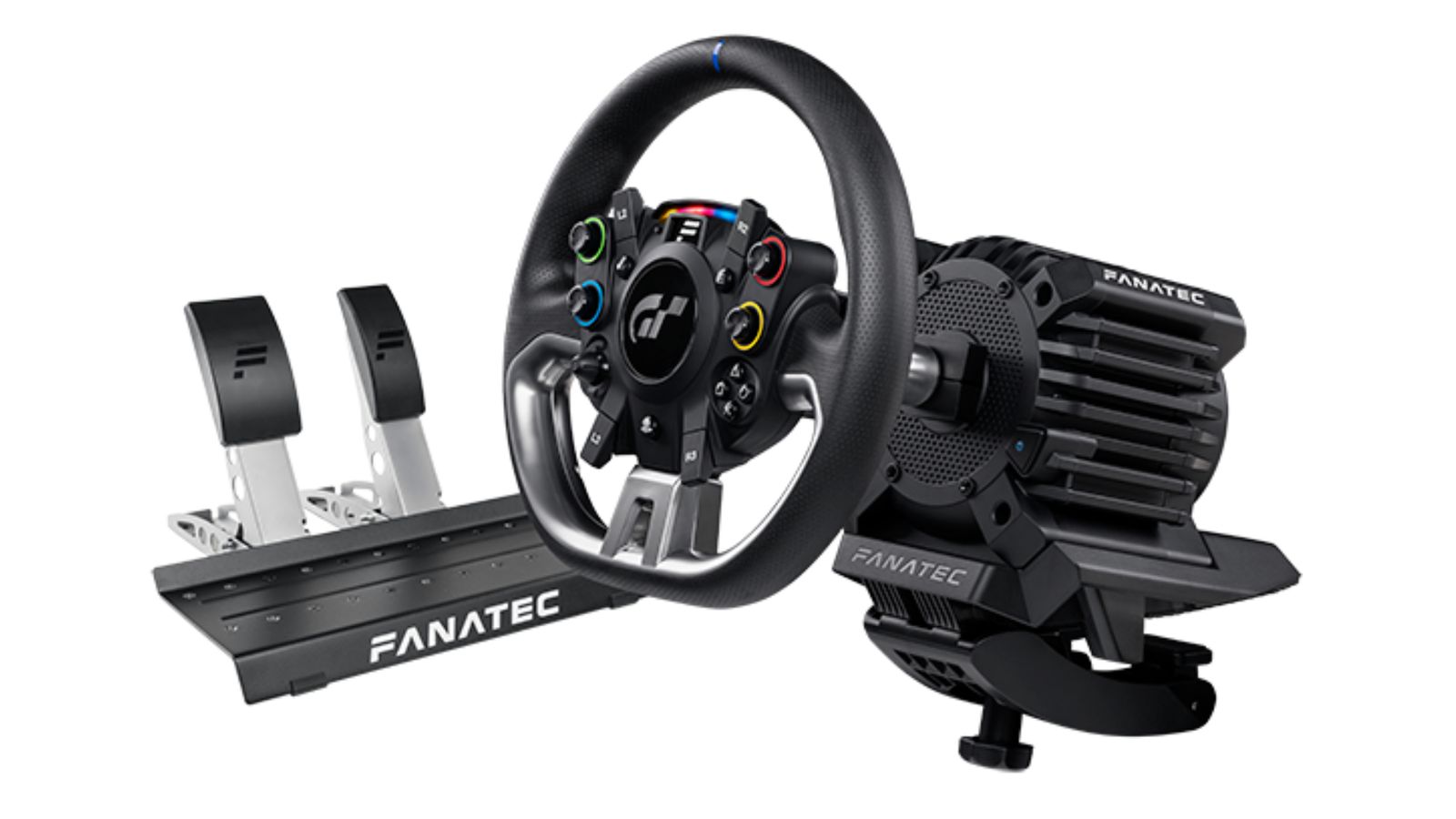 Fanatec Gran Turismo DD Pro product image of a black and dark grey racing wheel next to a set of silver and black pedals.