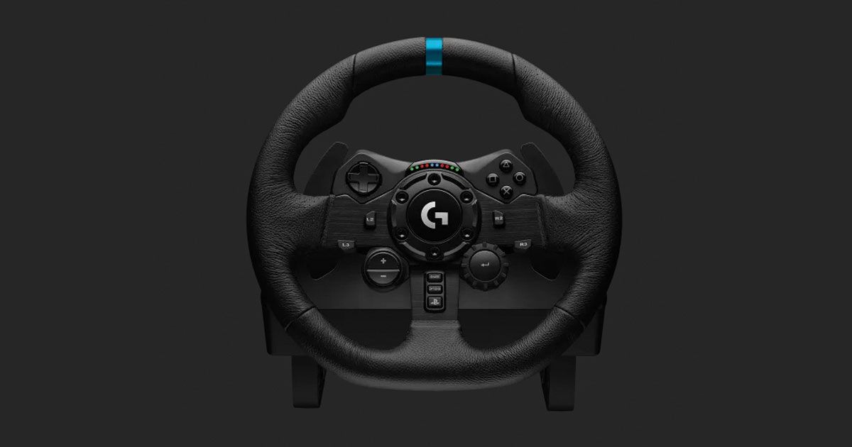 A black Logitech racing wheel with a blue centering line at the top.