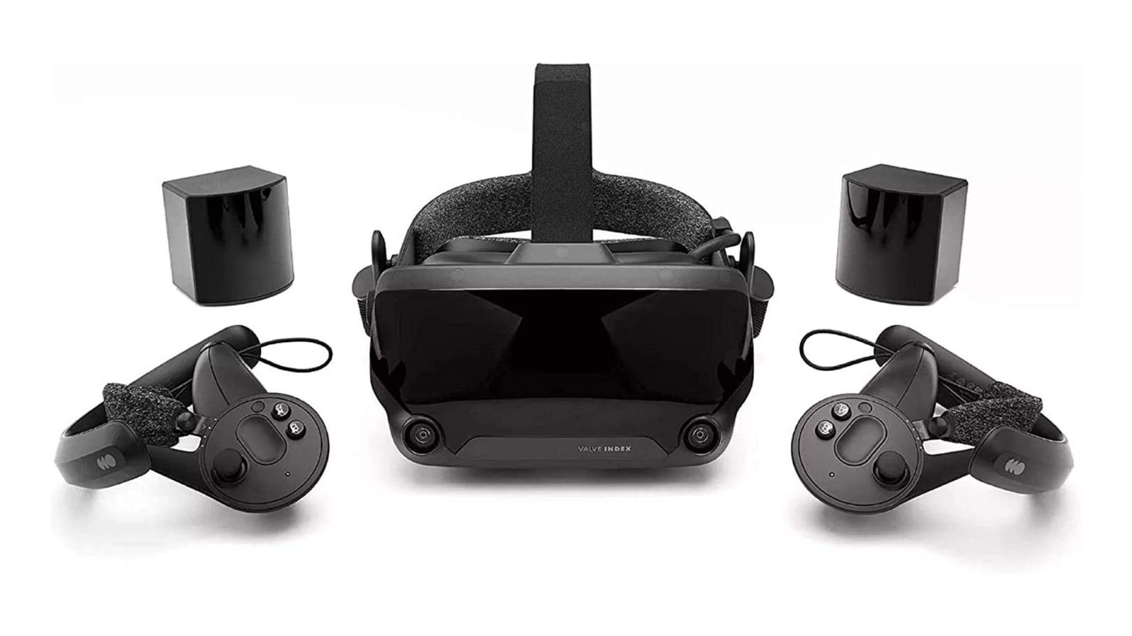 Valve Index product image of a black VR headset next to a set of controllers and sensors.