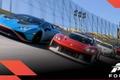 In-game image from Forza of a blue Lamborghini racing side-by-side with a red and white Porsche.
