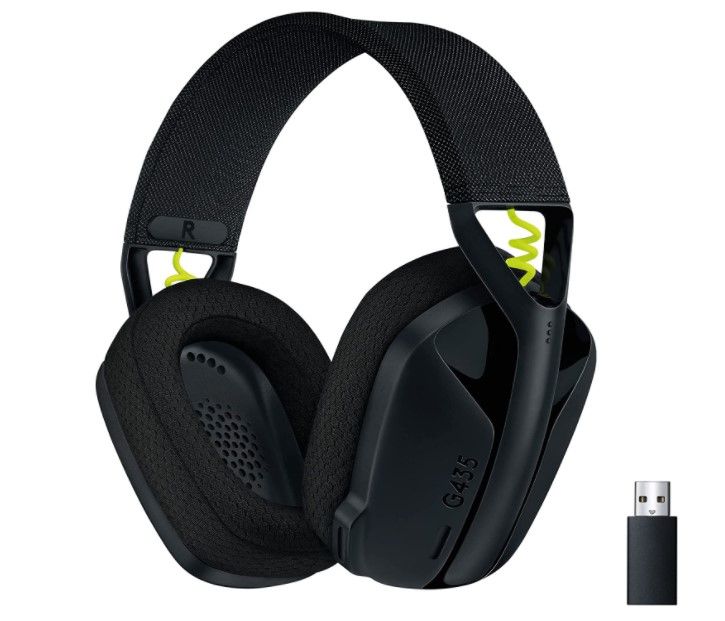 Logitech G435 LIGHTSPEED product image of a black over-ear headset with yellow wires between the earcups, the headset next to a USB.