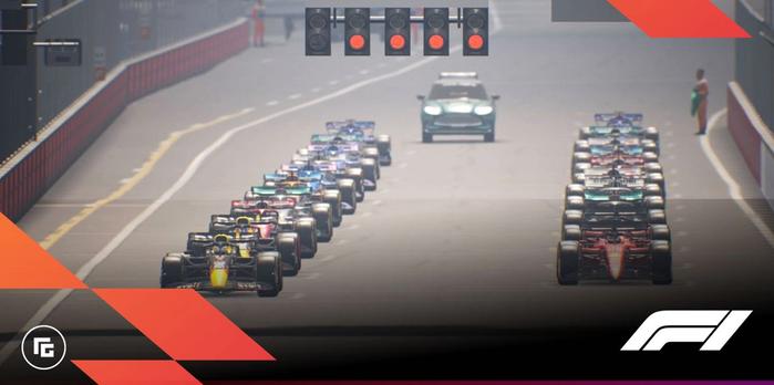 In-game image of F1 Manager, with a full lineup of cars just starting a race.