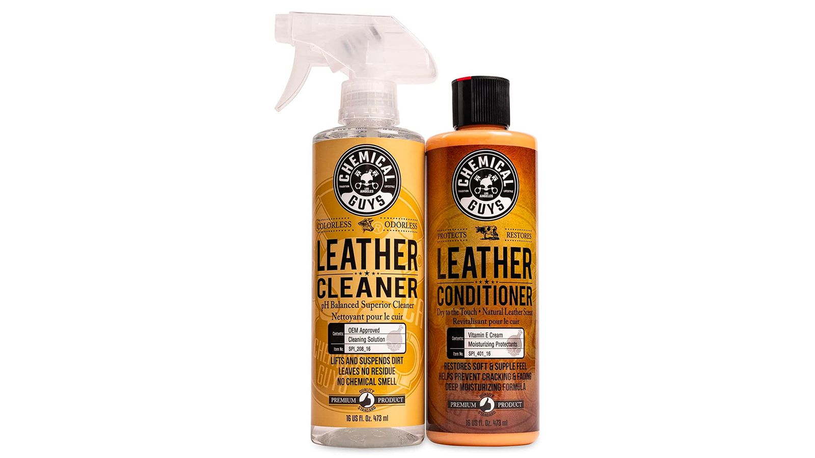 Chemical Guys Leather Cleaner & Conditioner product image of a clear spray bottle with an orange label next to the conditioner bottle with brown labelling.