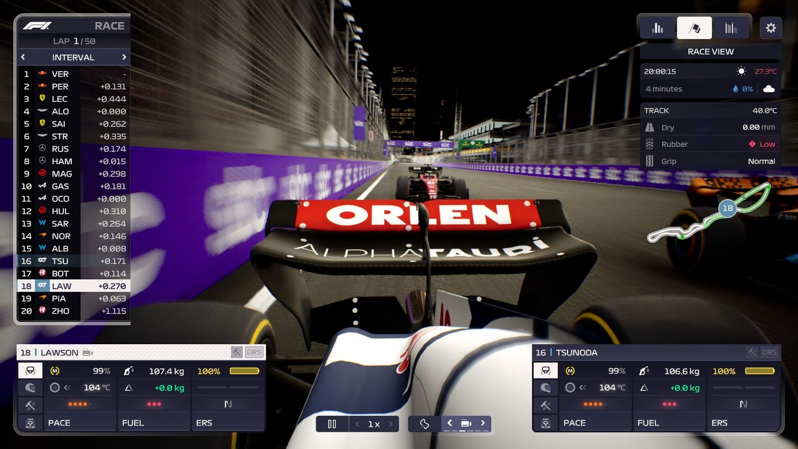 Looking back from the AlphaTauri at an Alfa Romeo in F1 Manager 2023