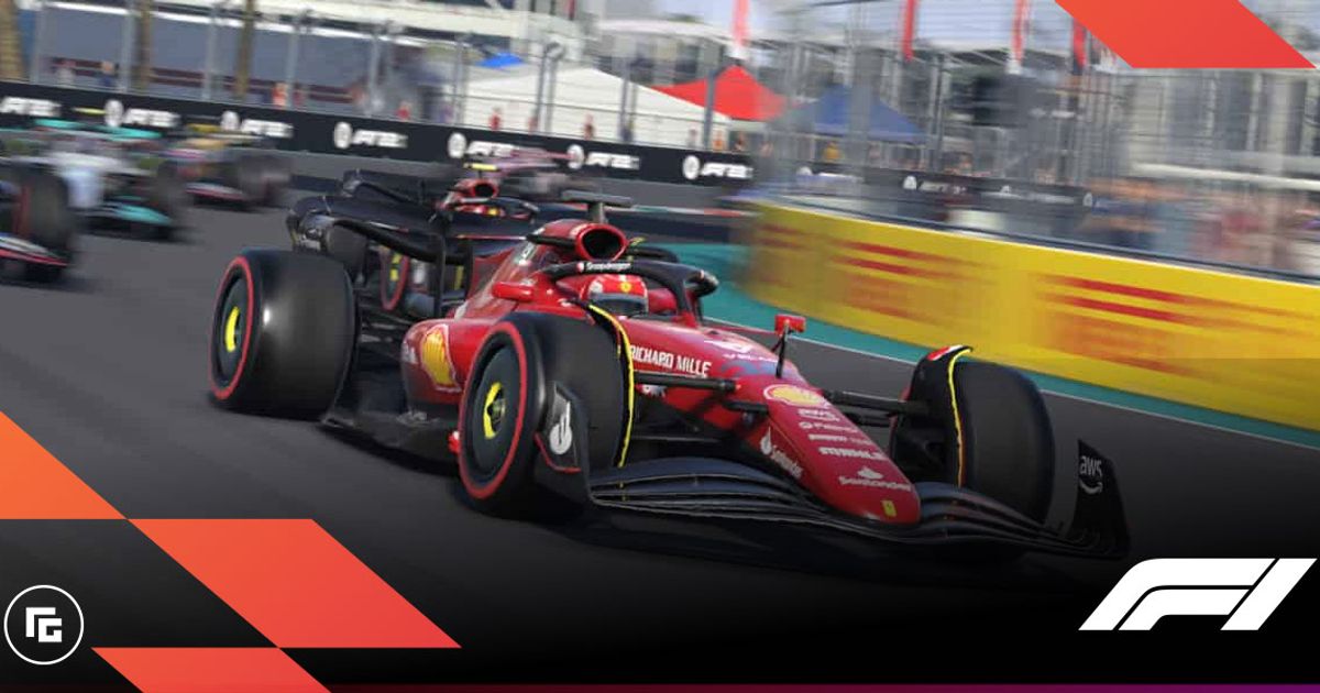 F1 22 in-game image of the red Ferrari in front of the Mercedes and Red Bull cars.