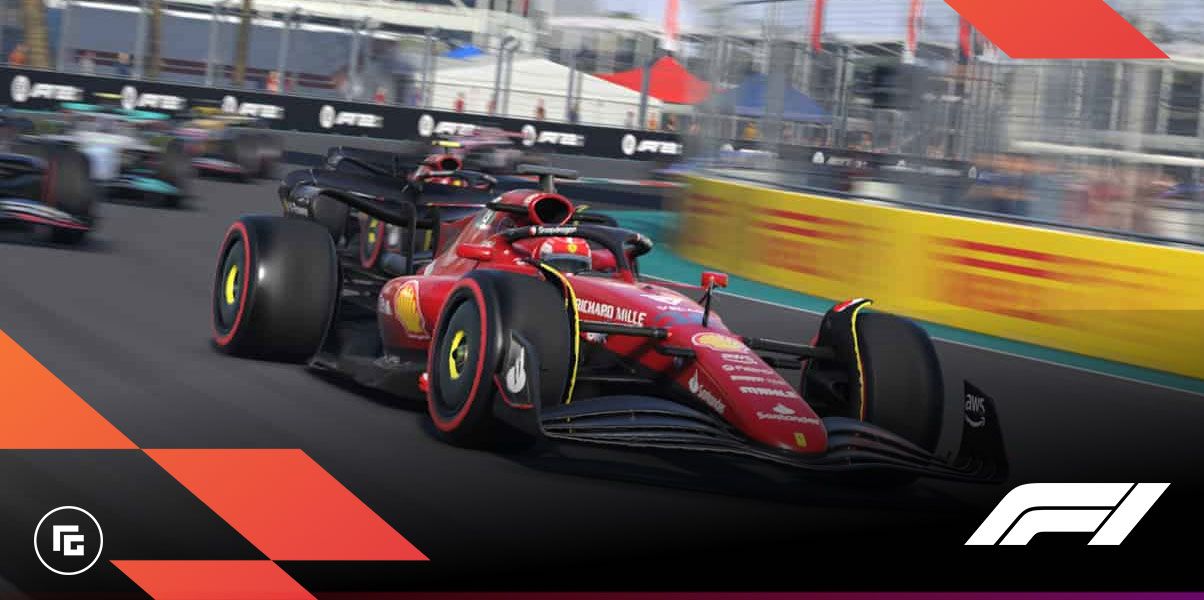 F1 22 in-game image of the red Ferrari in front of the Mercedes and Red Bull cars.