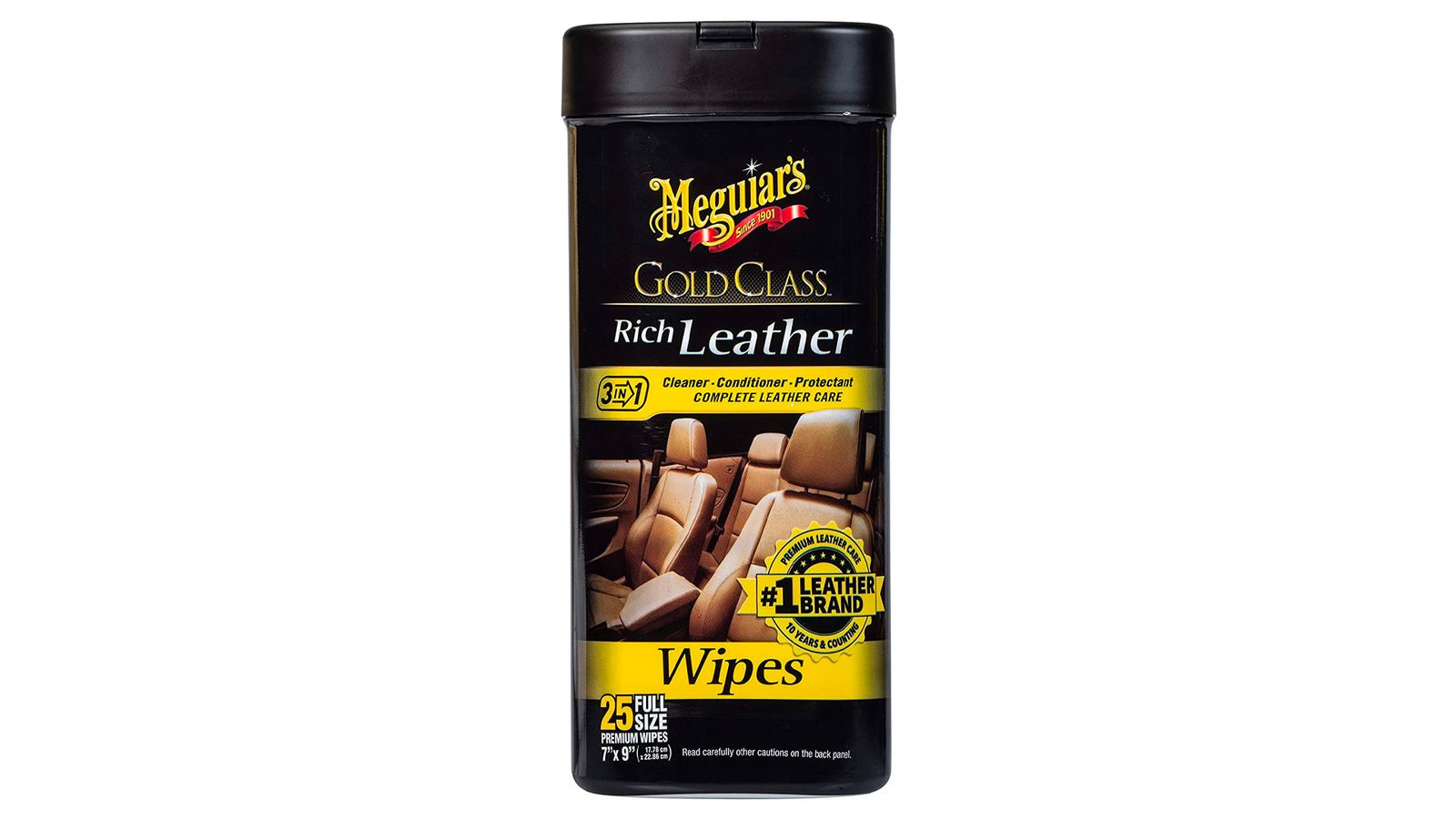 Meguiar's Gold Class Wipes product image of a black and yellow wipe container.