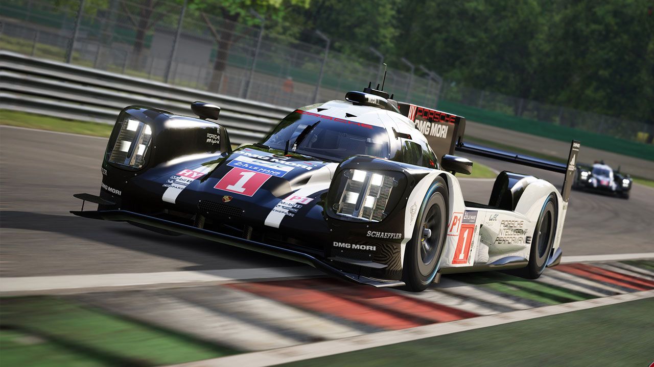 In-game image from Assetto Corsa of a black and white racing car with red details and sponsorships all over.