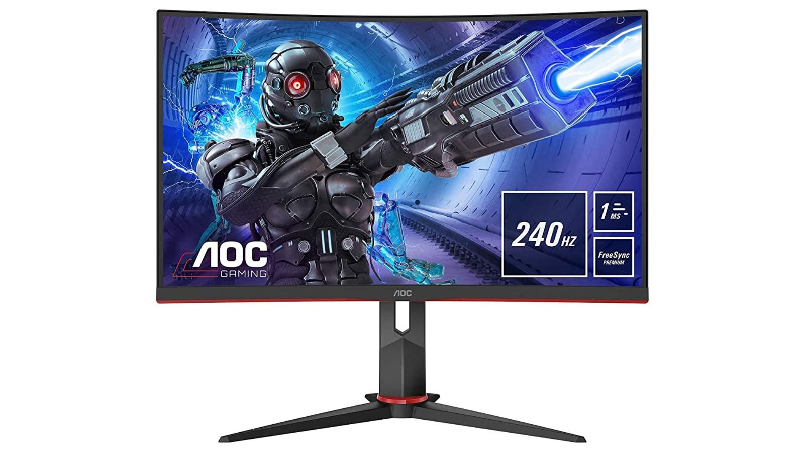 AOC Gaming C32G2ZE product image of a dark grey monitor with a robot firing a gun on the display.