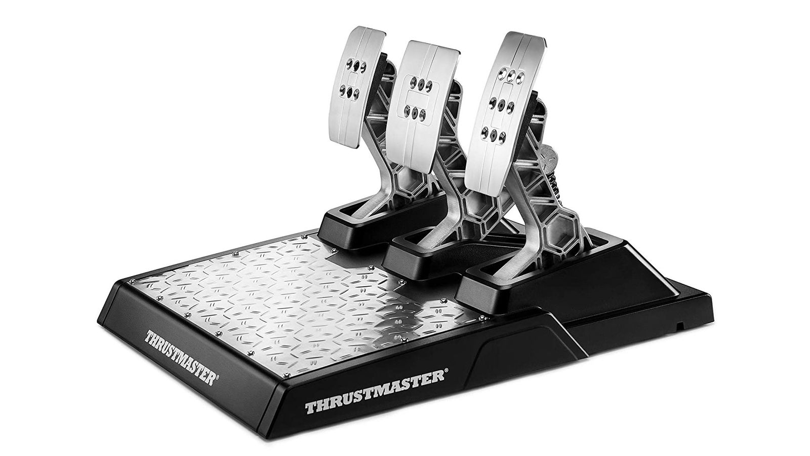 Thrustmaster T-LCM product image of a set of silver and black pedals.