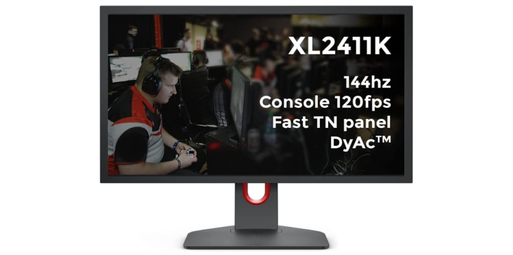 BenQ Zowie XL2411K product image of a dark grey and red monitor with an image from a gaming convention and the monitors details on the display.