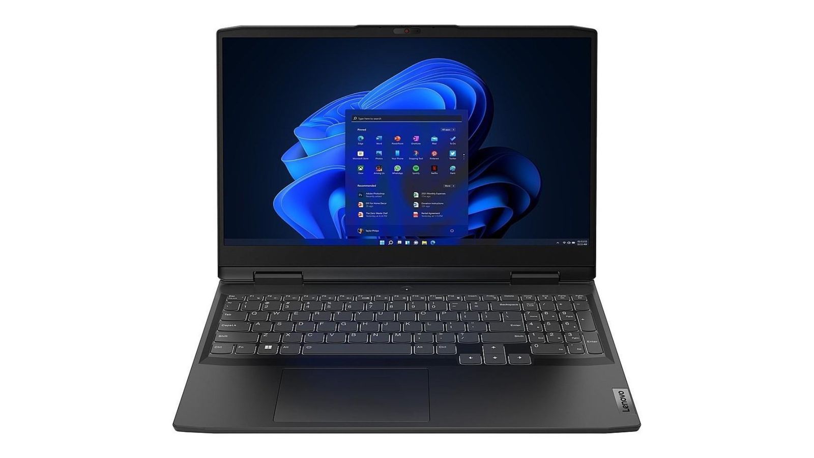 Lenovo IdeaPad Gaming 3 product image of a black laptop with Windows 11 on the display.