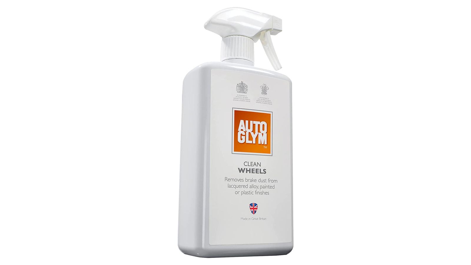 Autoglym Clean Wheels product image of a white spray bottle with an orange label.