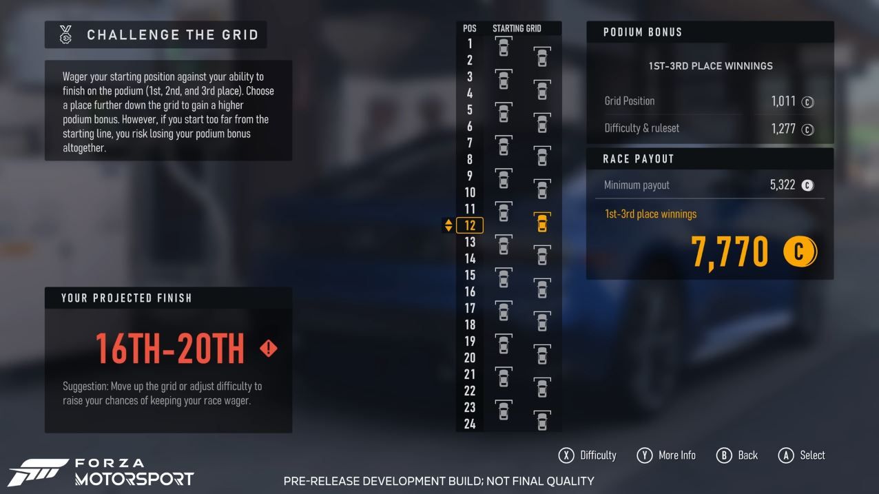 The Challenge the Grid selection screen in Forza Motorsport